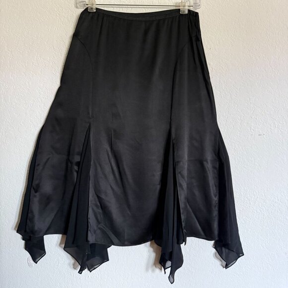 Black Silk Handkerchief Hem Midi Skirt Sheer Panels Witchy Whimsy Goth - Picture 9 of 12